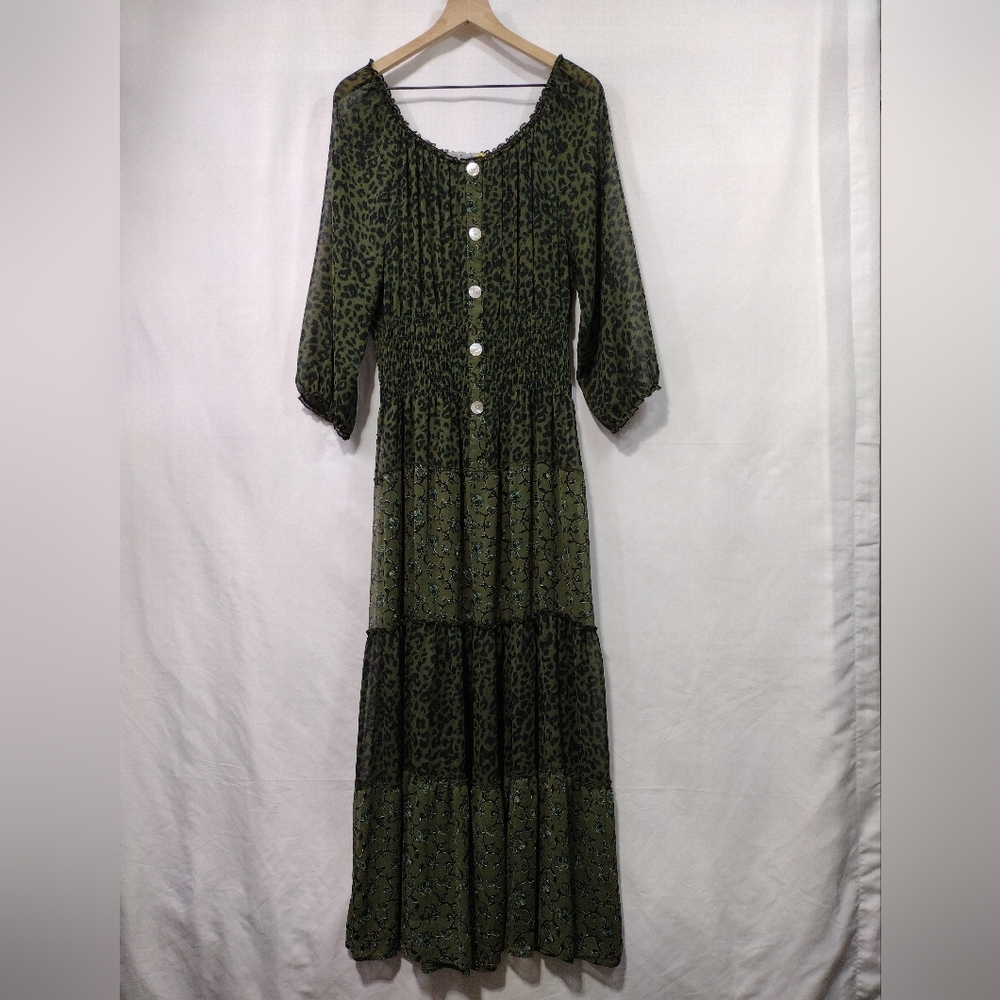 Olive Green Smocked Maxi Dress with Button Front